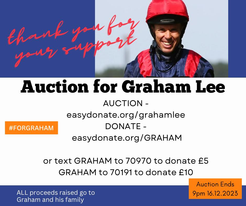 Further lots have been added to the auction raising money for Graham Lee. 
Please do keep checking to see the new lots.
Any bids/donations are hugely appreciated 🙏
<a href="/IJF_official/">Injured Jockeys Fund</a> <a href="/AliceSWhite/">Alice Brooke</a>