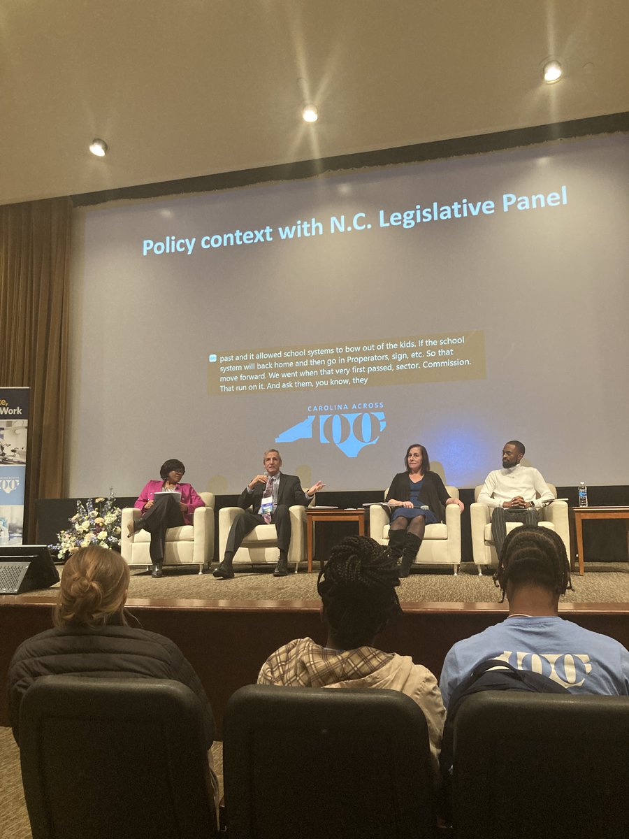 Our final #CarolinaAcross100 Summit discussion today focuses on the policy context around opportunity youth, with insights from Dr. Mimi Haley of <a href="/TheNYEC/">NYEC</a>, Kinston City Councilman @ChrisJSuggs, and Yadkin County Commissioner Kevin Austin. #nced #ncpol