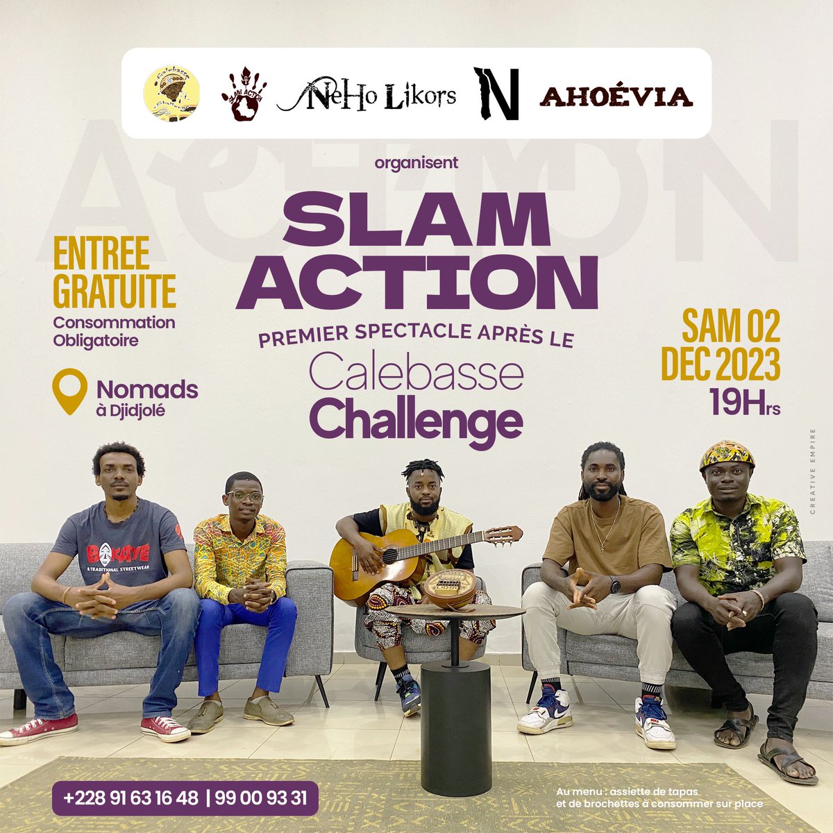slamaction's tweet photo. Rendez-vous à notre premier spectacle après le festival Grand Show Calebasse Challenge, ce samedi 2 décembre, au complexe hôtelier Nomads Togo📍Djidjolé, à partir de 19h.

🎫 Entrée gratuite, consommation obligatoire et esprits disposés requis. Venez nombreux ! https://t.co/eDtWVoLfpd
