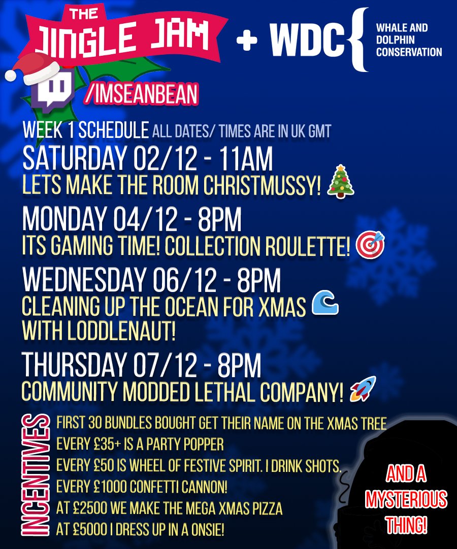 seanbreaksgames's tweet photo. With @JingleJam being round the corner, I've finally been able to make a schedule!🎄

We're ready to Jingle while raising money for @whalesorg playing games and getting in the festive charitable spirit!🌊

Did I mention incentives?🎉
We got some, and Game Giveaways! https://t.co/TuFJEVWTEI