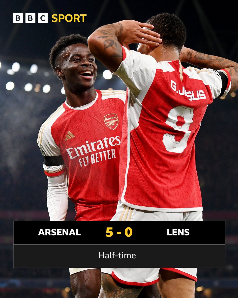 Arsenal are the first English team ever to lead by five goals at half-time of a Champions League game! 👏

#BBCFootball #UCL