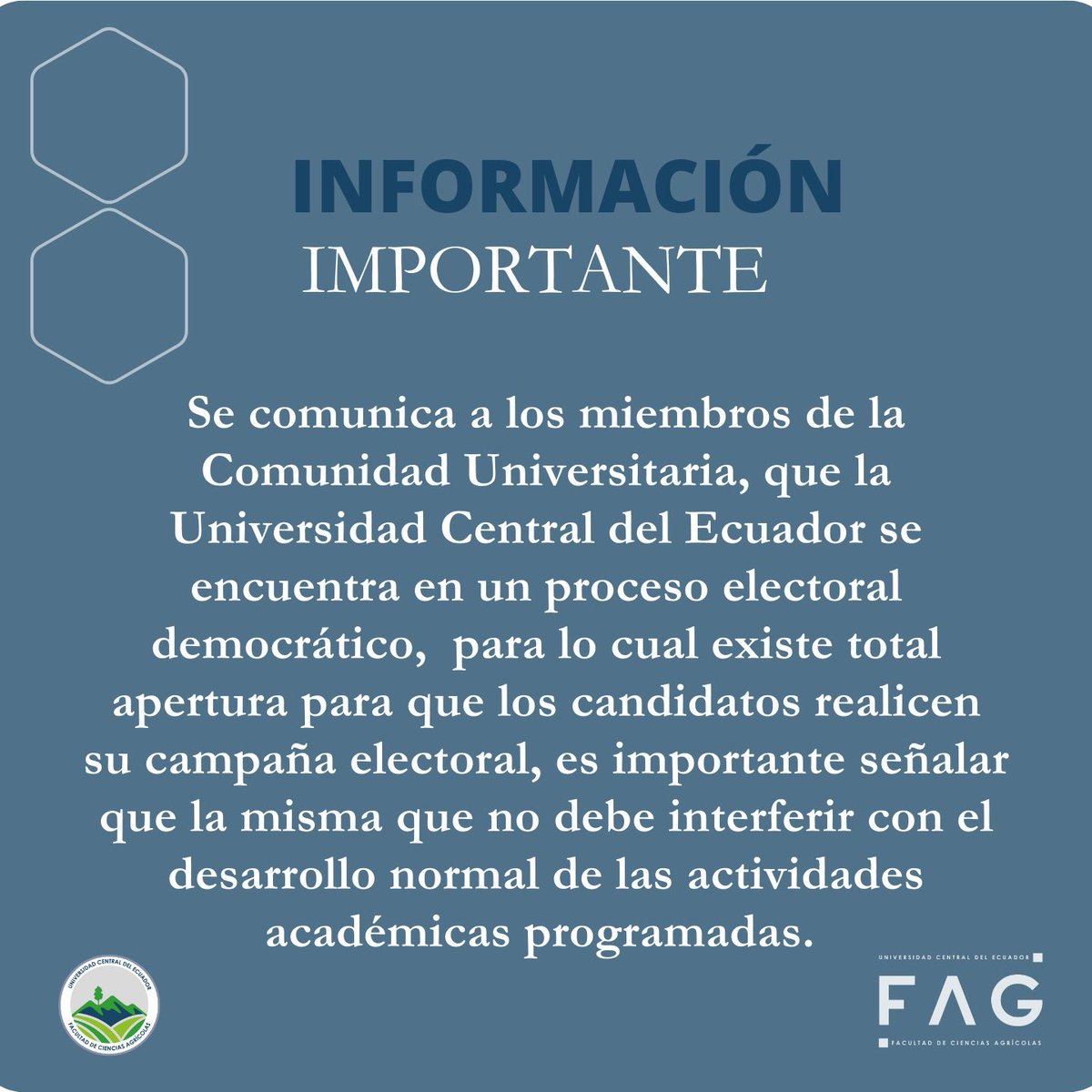 La Facultad de Ciencias Agricolas comunica la Resolución  del Honorable Consejo Universitario, respecto al uso de los espacios universitarios en este proceso electoral