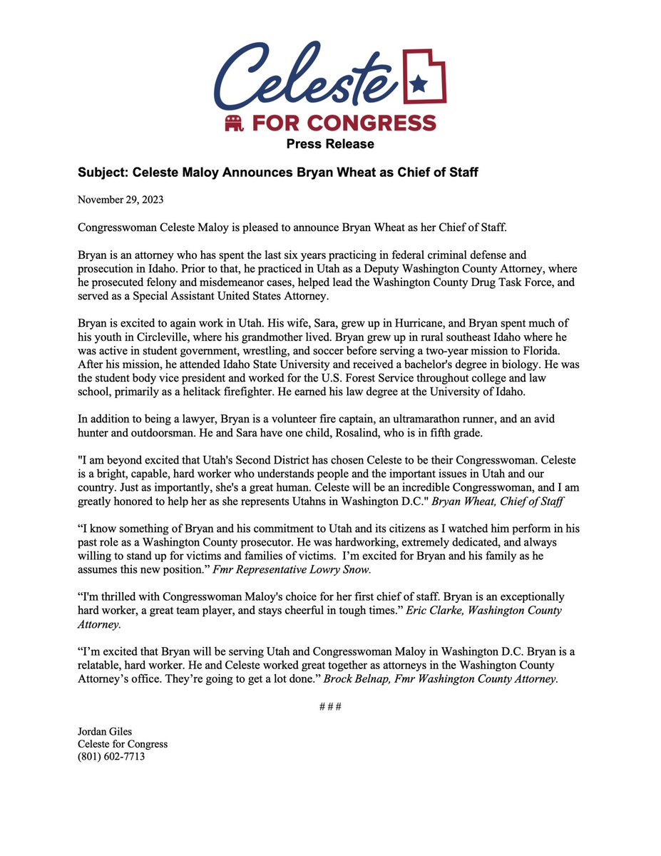 CelesteMaloyUT's tweet photo. FOR IMMEDIATE RELEASE:

Congresswoman Celeste Maloy announces Bryan Wheat as Chief of Staff. https://t.co/Ha7lFZAPlJ