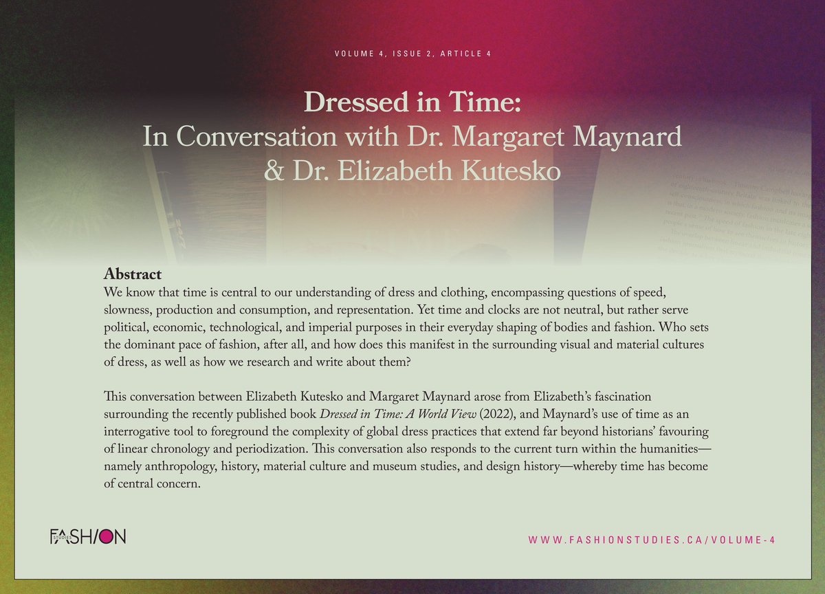 _FashionStudies's tweet image. Check out the Volume 4, Issue 2 article "Dressed in Time: In Conversation with Dr. Margaret Maynard and Dr. Elizabeth Kutesko”. Click the link in our bio to read the full article on our website!

#OpenAccess #OpenAccessJournal #OpenAccessFashion #FashionStudies #FashionResearch