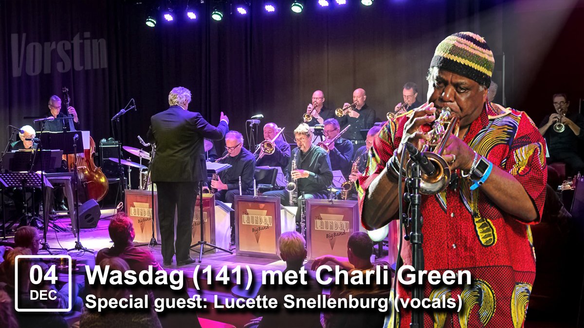 Wasdag (141) met Charli Green (trumpet). Iedereen is welkom voor een kijkje in de keuken van The Laundry Big Band tijdens de openbare repetitie van 20:00h tot rond 21.15h. Daarna van 21:30h tot 22:30h het wasdagconcert 
<a href="/devorstin/">De Vorstin</a> <a href="/bigband/">FTO Bigband</a> <a href="/jazz/">Jasmine</a> <a href="/uhilversum/">UITpuntHilversum</a> <a href="/mediastad/">Mediastad</a>