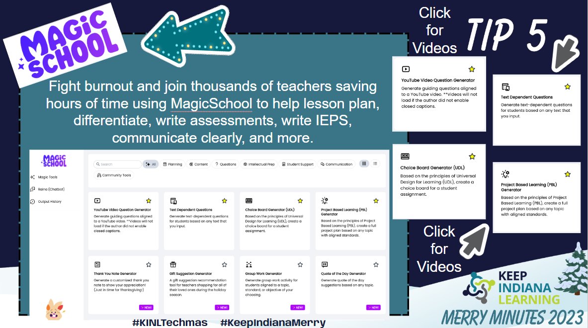 KeepINLearning's tweet photo. Fight burnout and join thousands of teachers saving hours of time using @magicschoolai to help lesson plan, differentiate, write assessments, write IEPS, communicate clearly, and more. Clickable PDF - https://t.co/erGwTOlOB8  #KINLTechmas #KeepIndianaMerry https://t.co/bbSKqyzKIj