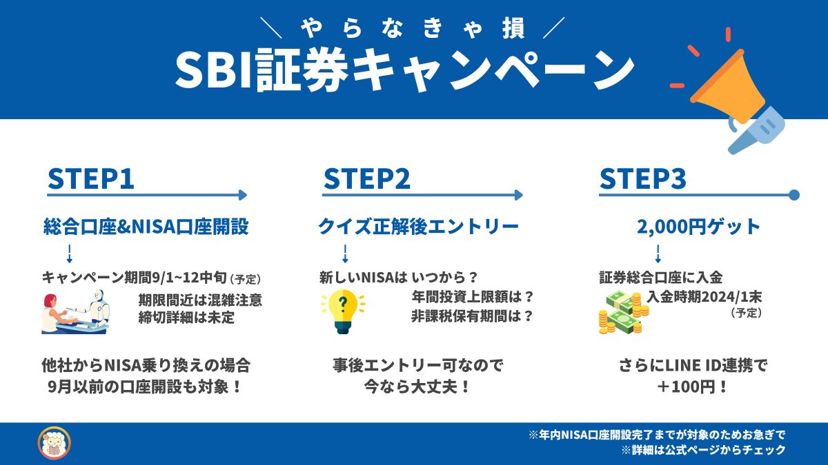 やらなきゃ損。SBI証券の神キャンペーンでお金がもらえる。新NISAに向けて口座開設 した人や他社から乗り換えた人が対象。マジで超簡単だし事後でもOKなのでエントリーして！リンク先↓↓