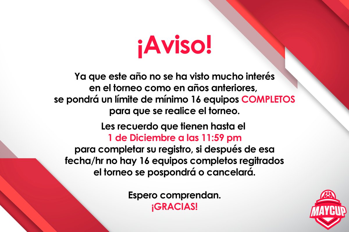 MayCupRL's tweet photo. 📢 AVISO IMPORTANTE 📢

Chequen que sus equipos estén completos, ya que si los marca como incompletos no podrán participar en el torneo.

REGISTRO: https://t.co/OkZld7ULLj

En el servidor de Discord hay un canal LFT para que encuentren equipo: https://t.co/kF7OU1Vo1x https://t.co/9rAC1D7GkM