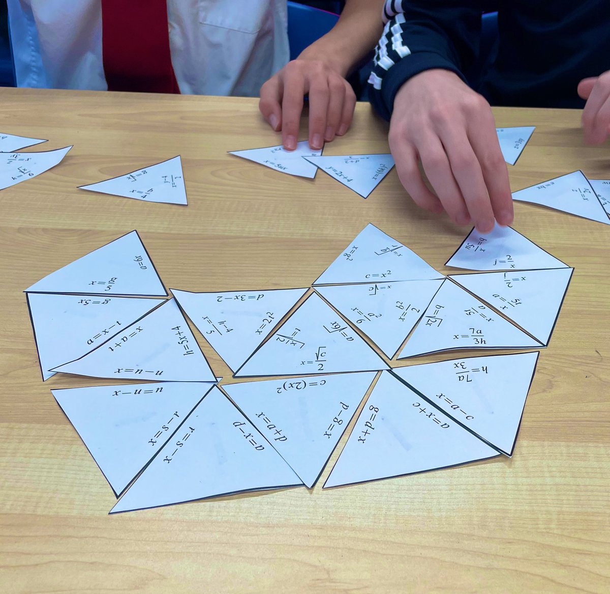 MrsRGibb's tweet photo. Working in pairs, s3 solved tarsia puzzles to change the subject of each formula. 
Fantastic maths, motivation and  cooperation. @LHSMathsDept https://t.co/AEnqXkFKEk