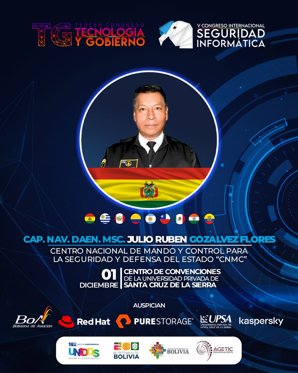 AgeticBolivia's tweet photo. ✨ ¡No te pierdas las increíbles ponencias de nuestros conferencistas nacionales! Coral Estefani Cabrera y Cap. Nav. Daen. Msc. Julio Ruben Gonzalvez, expertos en #SeguridadInformática y #TecnologíaYGobierno. ¡Será una experiencia única!

#CIDSI #TyG 2023 #AGETIC https://t.co/2vTwqCFySs
