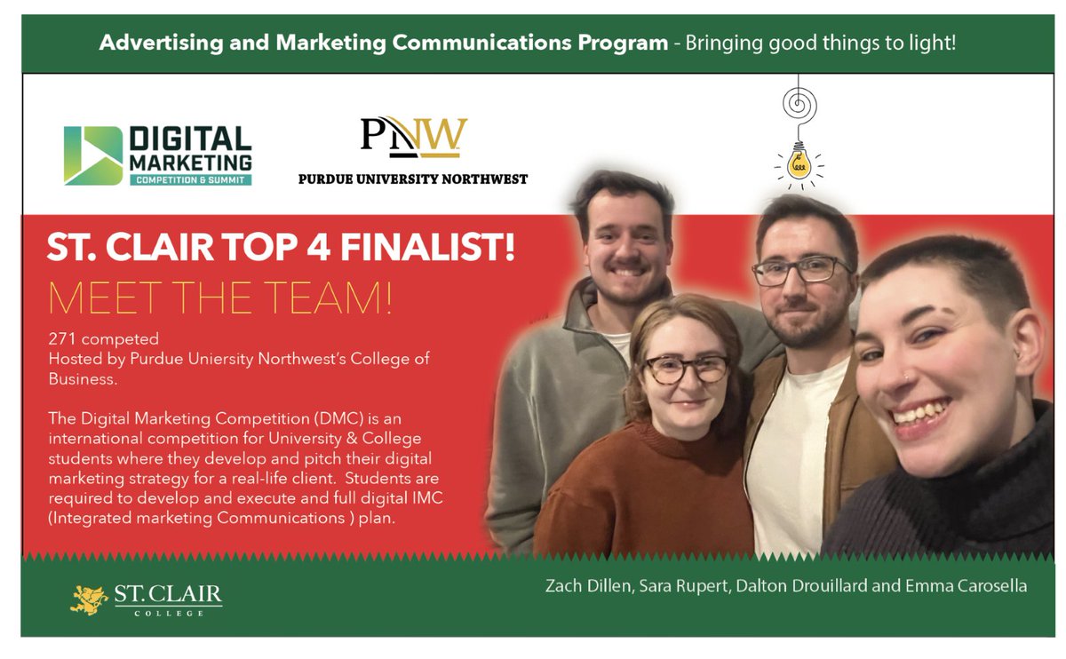 The Advertising Program shines at DMC! Top 4 of 271 schools! Finals on Dec 2, 2023, in-person/virtual (Link: bit.ly/47UIpQj). Join at St. Clair Centre of The Arts. 🎉 Admission: canned goods for local food bank! 🥫 #stclairADV #DMC2023 #SaintsNation <a href="/StClairCollege/">St. Clair College</a>
