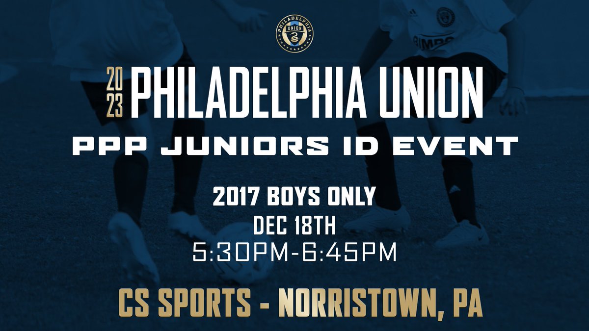 🚨 PPP JUNIORS ID EVENT 🚨

This is your chance to be identified for our PPP Juniors program! We will be offering an ID event for 2017 Boys on December 18th at CS Sports.

Limited spaces are available, don’t wait to sign up.

Register here: philadelphiaunionyouth.sportngin.com/register/form/…