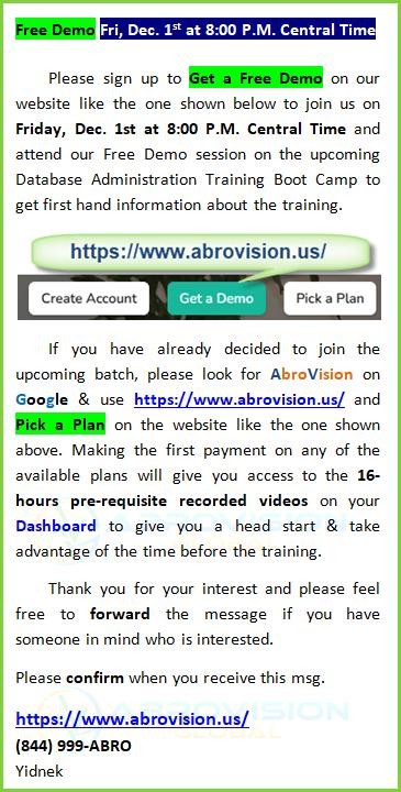 AbrovisionIT's tweet photo. π Ready to master Database Administration? Attend our FREE demo session on Dec. 1st, 8:00 PM CT. Get a sneak peek into our upcoming Boot Camp! Sign up for your spot today at https://t.co/4kwyCo9cm0! #abrovision #abrodba #houstonsqldba https://t.co/Iz9giDCQlJ