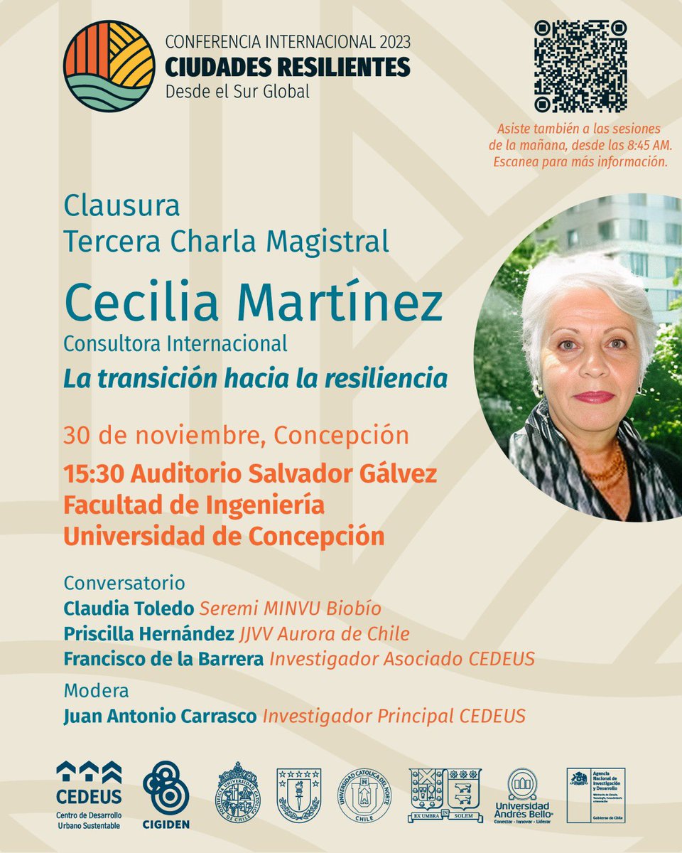 ¡Mañana es la última jornada de la conferencia! 

🔹Te esperamos desde las 8:45 en la <a href="/udeconcepcion/">Universidad de Concepción</a>. En la tarde estará Cecilia Martínez, quien dará la última charla magistral✨.

👉Todos los detalles están acá: conferenciaciudadesresilientes.cl/programa-conce…

¡Nos vemos en Concepción! 🙌