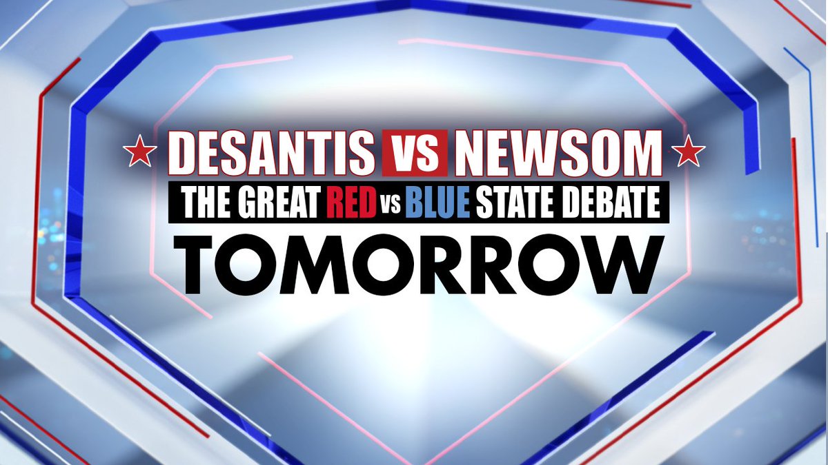 FoxNews's tweet photo. TUNE IN: @seanhannity moderates ‘The Great Red vs Blue State Debate’ between Florida’s Gov. @rondesantis and California’s Gov. @GavinNewsom tomorrow at 9p ET on Fox News Channel. https://t.co/10qKSaThgc