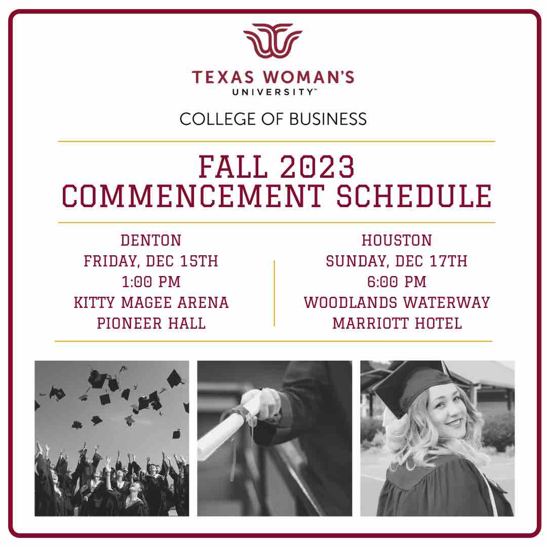 Congrats grads! Join us for commencement at the Denton campus on Friday, Dec 15th at the Kitty Magee Arena and on Sunday, Dec 17th at the Woodlands Waterway Marriott Hotel to celebrate your big achievement! 🎓🦉