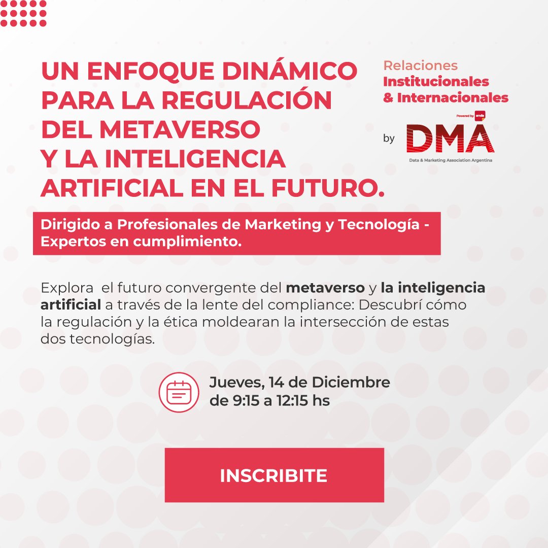 Ya está abierta la inscripción para nuestro nuevo Workshop➡️ Regulación del Metaverso y la Inteligencia Artificial. Acompañanos a explorar el futuro convergente del metaverso y la inteligencia artificial a través de la lente del compliance. 📍Inscribite: bit.ly/47xGDoD