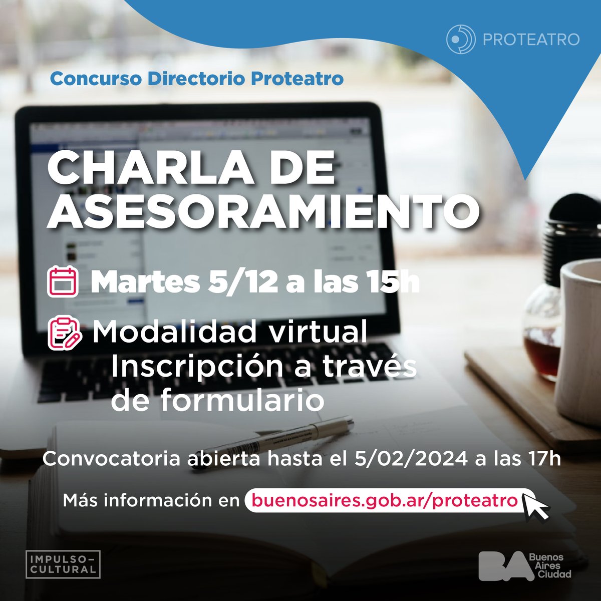 #Concurso
DIRECTORIO PROTEATRO
Charla de asesoramiento 

Si te vas a presentar al Concurso Público para formar parte del Directorio de #Proteatro, no te podés perder su charla de asesoramiento. 

📆Martes 5/12 a las 15h

Inscribite 👉bit.ly/ConcursoDirect…
_
#ImpulsamosTEATRO