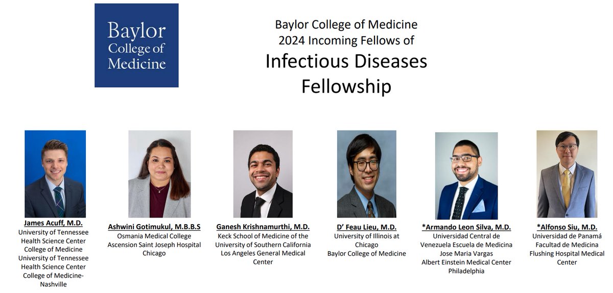 We are very excited to welcome 6 new ID fellows to @BCMDeptMedicine @BCMIDFellowship !!!

@MelanieGoebelMD @JesalShahMD @TeenaXuMD @RizwanSohailMD @MysorekarLab @Rojelio @EvaClarkMD @EvaAmenta @JillWeather @bwtrautner @MayarAlmohajer @POkhuysen @HarrysTorres01 @eduardo_yepezg