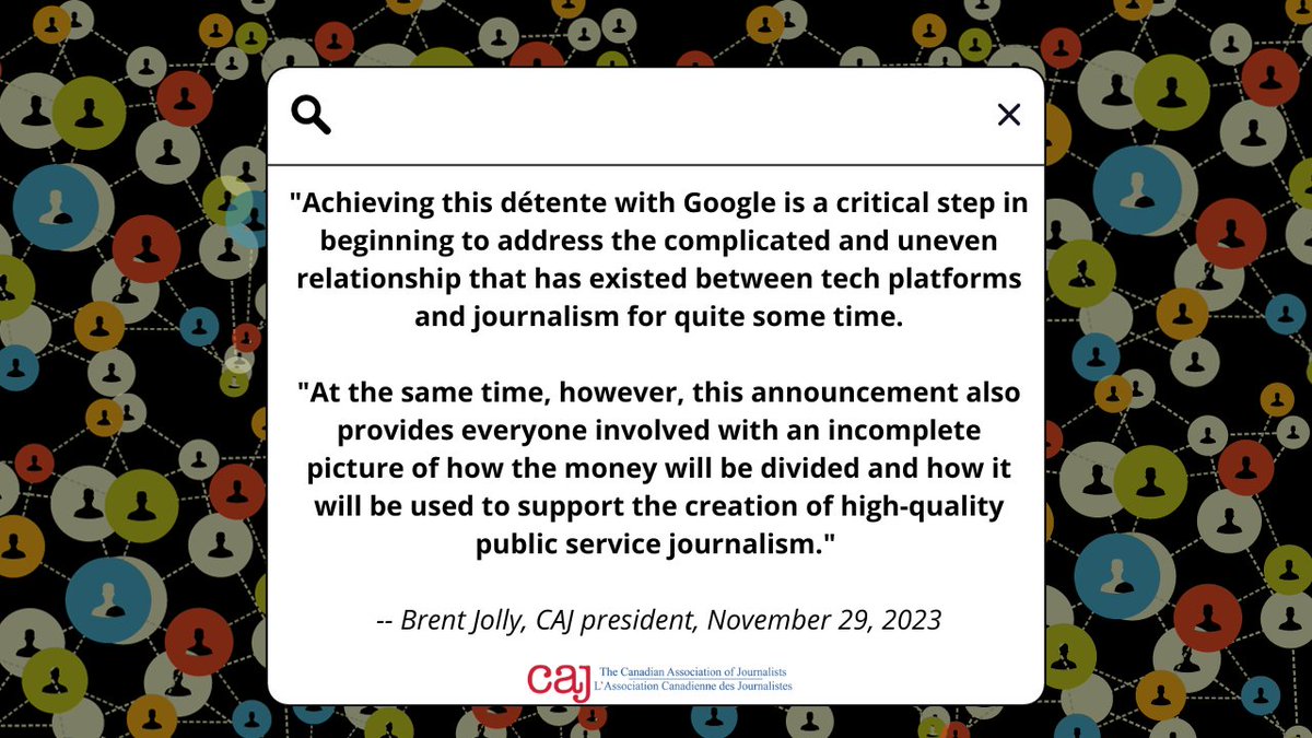 The CAJ is pleased to learn the federal government & Google have reached an agreement that will see the tech giant pay $100-million annually to Canadian news orgs. But we need to see the details. And we need Meta to re-enter the chat. Our statement: caj.ca/cooler-heads-p…