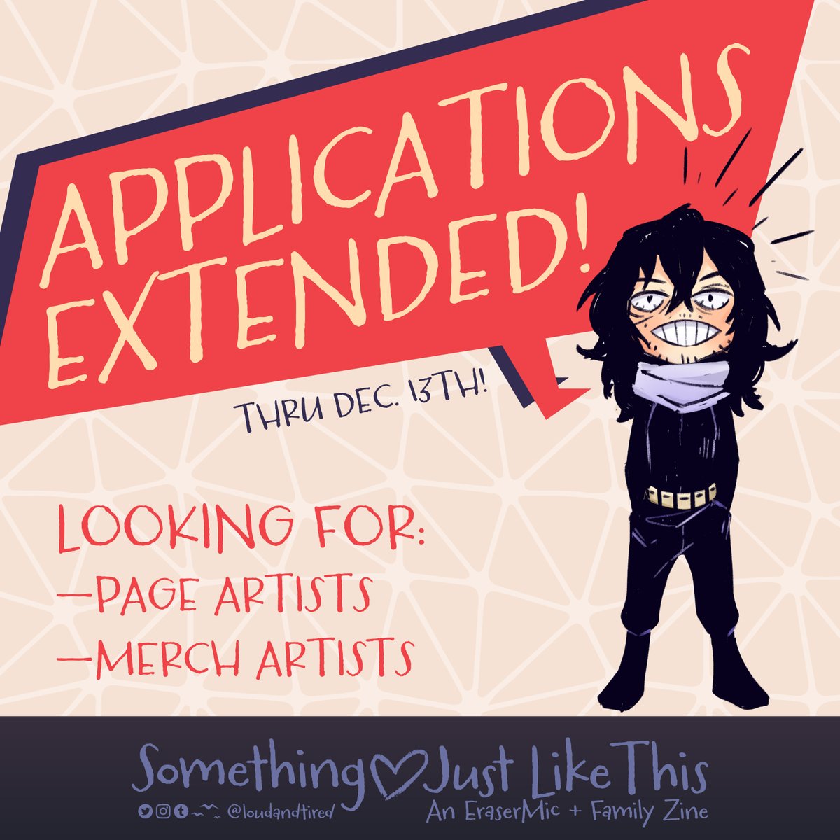 😴🎙️Surprise!! You've all been such good students, that our senseis (read: dads) have decided to help you out too!! Apps are now EXTENDED TILL DEC 13TH!! Looking for artists in particular, so don't be shy and come apply!!