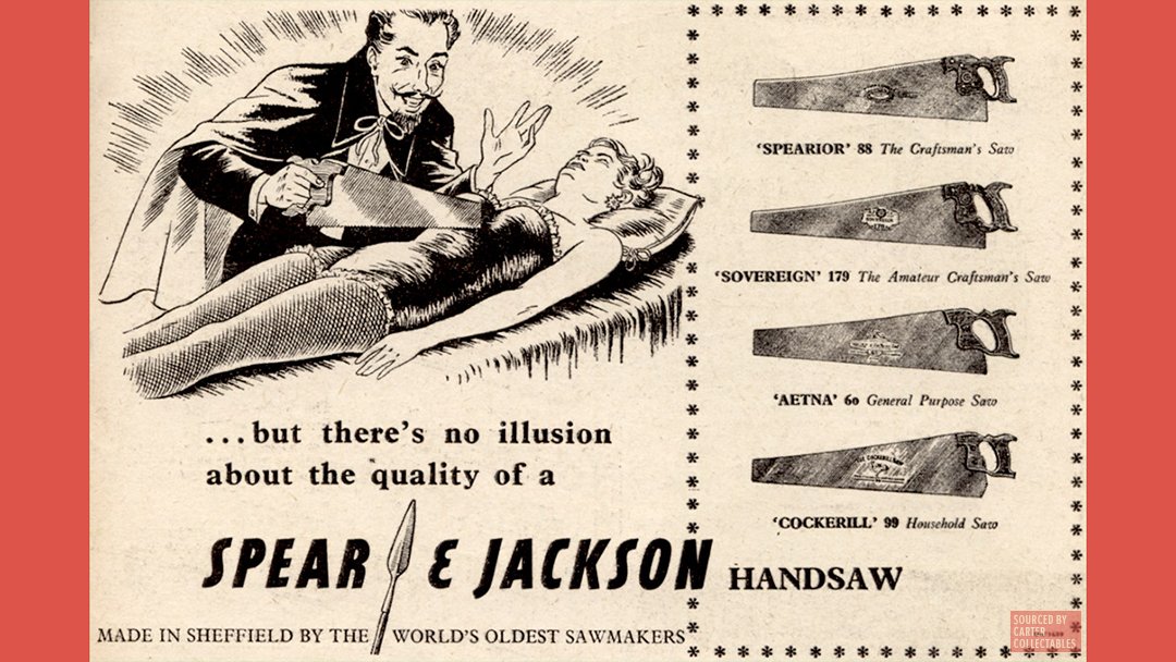 CarterCollectab's tweet photo. Spear & Jackson suggest an alternative use for their saws
1956 advert.
#VintageAdvertising #ClassicBritishBrands #1956 #1950s #SpearAndJackson https://t.co/bkipxHL27m
