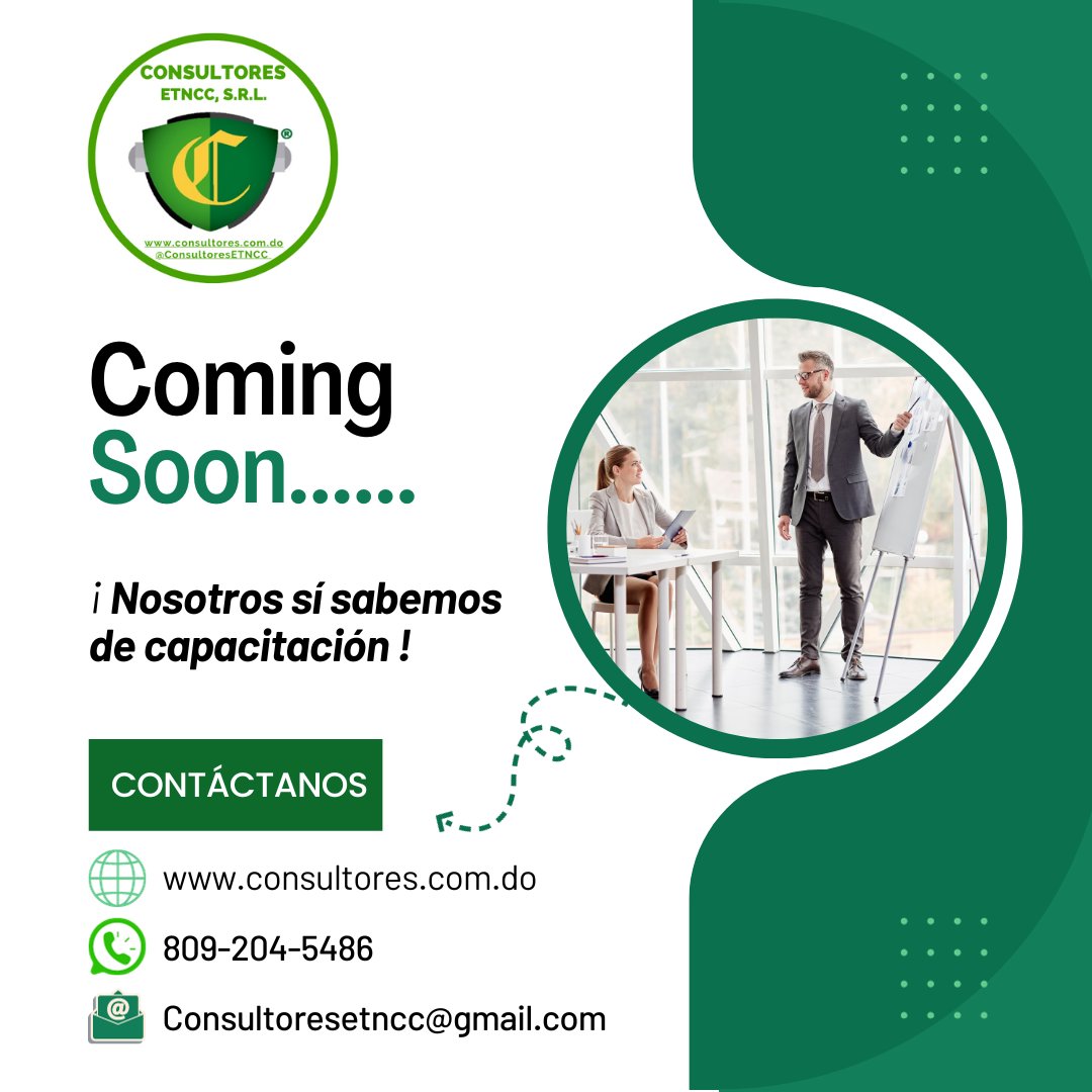 Consultoresetnc's tweet photo. Consultores en Educación Tecnologías y Negocios (ETCCC), S.R.L. para una mentalidad de crecimiento
Coming Soon......
¡Nosotros sí sabemos de capacitación!
https://t.co/QSkdVYI7g4
809-204-5486
Consultoresetncc@gmail.com
https://t.co/uT0qfzu4LG
@ConsutoresETNCC #ConsutoresETNCC https://t.co/0ustjq1cKZ