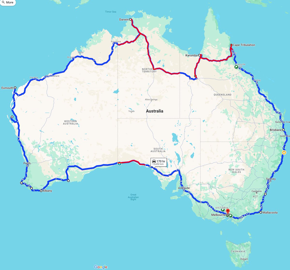 rlaxton's tweet photo. This is the map of my recent EV lap of Australia, although it is missing 3000km of side trips.

By the end of 2024, this route should be covered by DC fast charging everywhere except for the red lines. Note that there needs to be DC chargers at both ends of a section to avoid the red brush.

At the moment, the only mob that I know of building DC charging on highways in the NT is the NRMA, although Evie has some very welcome chargers in Darwin.

Queensland is building a lot of chargers to augment and enhance their already extensive skeleton, but has no plans that I know of to add DC charging to their red section.

The section of the Ayre highway in SA from Penong to Border Village is on the NRMA map for future development with ARENA funds.

Considering their strategy in the USA, Tesla have been strangely slow to push out Superchargers on this prestigious route. They also have no off-grid chargers in Australia at all, despite building all the components in-house.

While most will never use these, the electrification of key routes in Australia provides a psychological boost that will speed the transition to passenger BEVs and is a key first step to the electrification of long-distance trucks as well. Megawatt-class charging is just a matter of scaling up what we do for light vehicles after all.

There are many obstacles in the way, including large remote areas away from large-scale energy grids, low population and traffic levels, kafkaesque planning processes and a shortage of experienced engineers. There is also a distinct lack of urgency around this from all levels of government.

There are a great many ways that we could achieve this goal, including broad distribution of remote power systems and pushing the electricity grid across the major highway routes.

Integrated with existing demands, remote power systems consisting of solar, wind and batteries, possibly with diesel generator backup, can vastly reduce the huge consumption of diesel in remote roadhouses and communities across the country.

Extending the grid would allow us to build interchanges between the eastern and western states, allowing eastern solar to support western morning peak, and western solar to do the same for the eastern evening peaks. Our wide brown land is almost 3 hours wide after all!

What can we all do to make this happen?