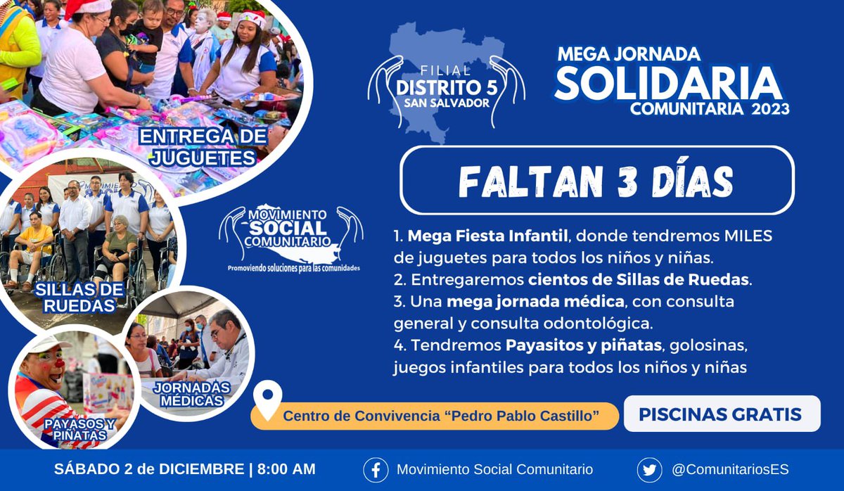 ComunitariosES's tweet photo. 🚨 ¡El conteo regresivo ha comenzado! 

En tan solo 3 días, estaremos en #FilialdelDistrito5 para nuestra MEGA JORNADA SOLIDARIA 🎉. 

Prepárense para sillas de ruedas, jornadas médicas y una fiesta infantil llena de alegría.

 ¡No te lo pierdas! 🌟 https://t.co/ZI5sxFPk9J