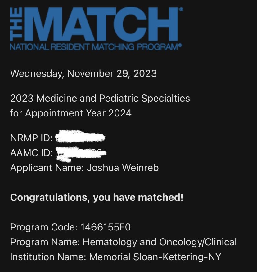 Beyond excited to announce that I matched ⁦<a href="/MSKCancerCenter/">Memorial Sloan Kettering Cancer Center</a>⁩ for Hematology/Oncology Fellowship! Thank you to all my mentors and family members who supported me every step of the way. Excited to be coming back to the Big 🍎 and for the next chapter in my training!