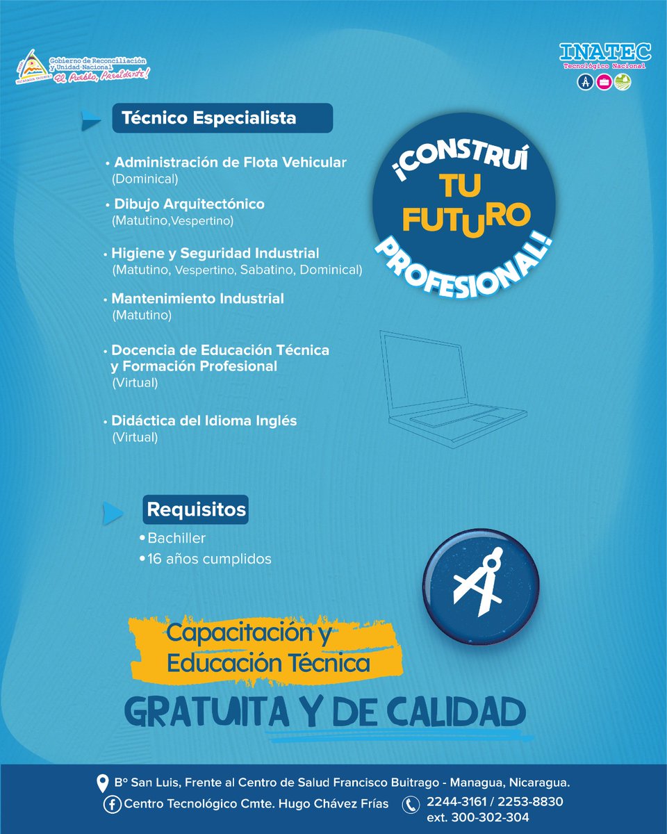 ¡Oferta Académica 2024!📚🥳 

👷‍♂️Prepárate para el futuro, estudiando una de las carreras tecnicas que ofrece el Centro Tecnológico Cmdte. Hugo Chávez Frías y cumplí tus metas.

✍️Matrículas disponibles a partir del 08 de enero del 2024.
<a href="/PortoSandinista/">Porto Sandinista ❤🖤</a>
#SoyTecNicaragua🇳🇮