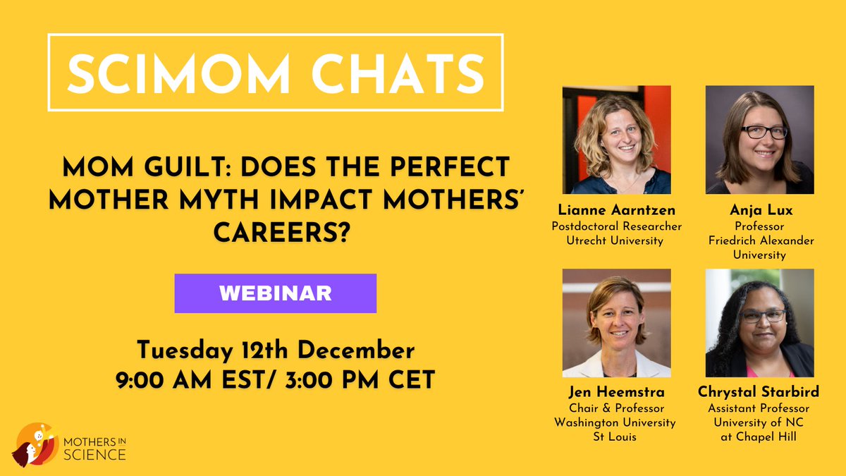 Webinar alert!📢 Join us for our next #SciMomChats event addressing MOM GUILT. An exceptional speaker lineup discusses research on mom guilt &amp; shares their own journeys overcoming mom guilt while navigating academia. Register: tinyurl.com/ye6mpep5 #AcademicTwitter @momademia
