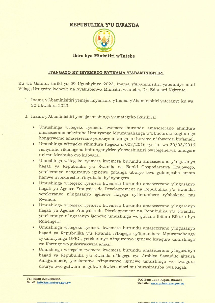 PrimatureRwanda's tweet photo. Itangazo ry'Ibyemezo by'Inama y'Abaminisitiri yo ku wa 29 Ugushyingo 2023 https://t.co/wyQGGS998w