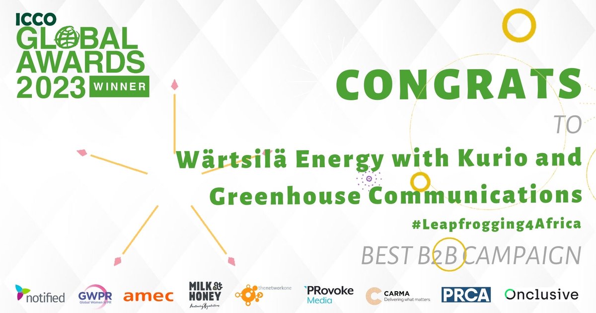 ICCOpr's tweet photo. We are kicking off the 2023 #ICCOGlobalAwards 🏆🌟 with the winner of the Best B2B Campaign - @WartsilaEnergy with Kurio @Kurio_Marketing and @GreenhouseComms for #Leapfrogging4Africa! Congratulations! 🎉 https://t.co/neT1w0FEDI