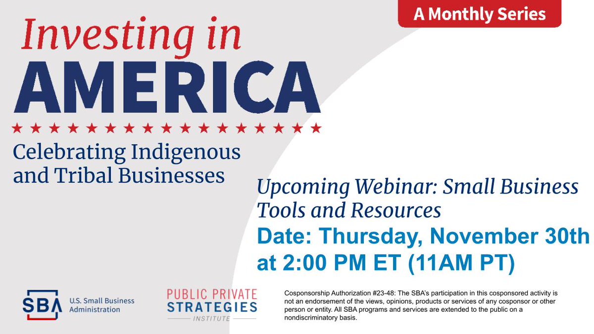 SBAgov's tweet image. Tomorrow! Join SBA and @pps_institute for a webinar at 2pm ET and learn about programs, services, and resources to help #NativeOwned small businesses start and grow. 

Register now: publicprivatestrategies.zoom.us/webinar/regist… 

#NativeAmericanHeritageMonth
