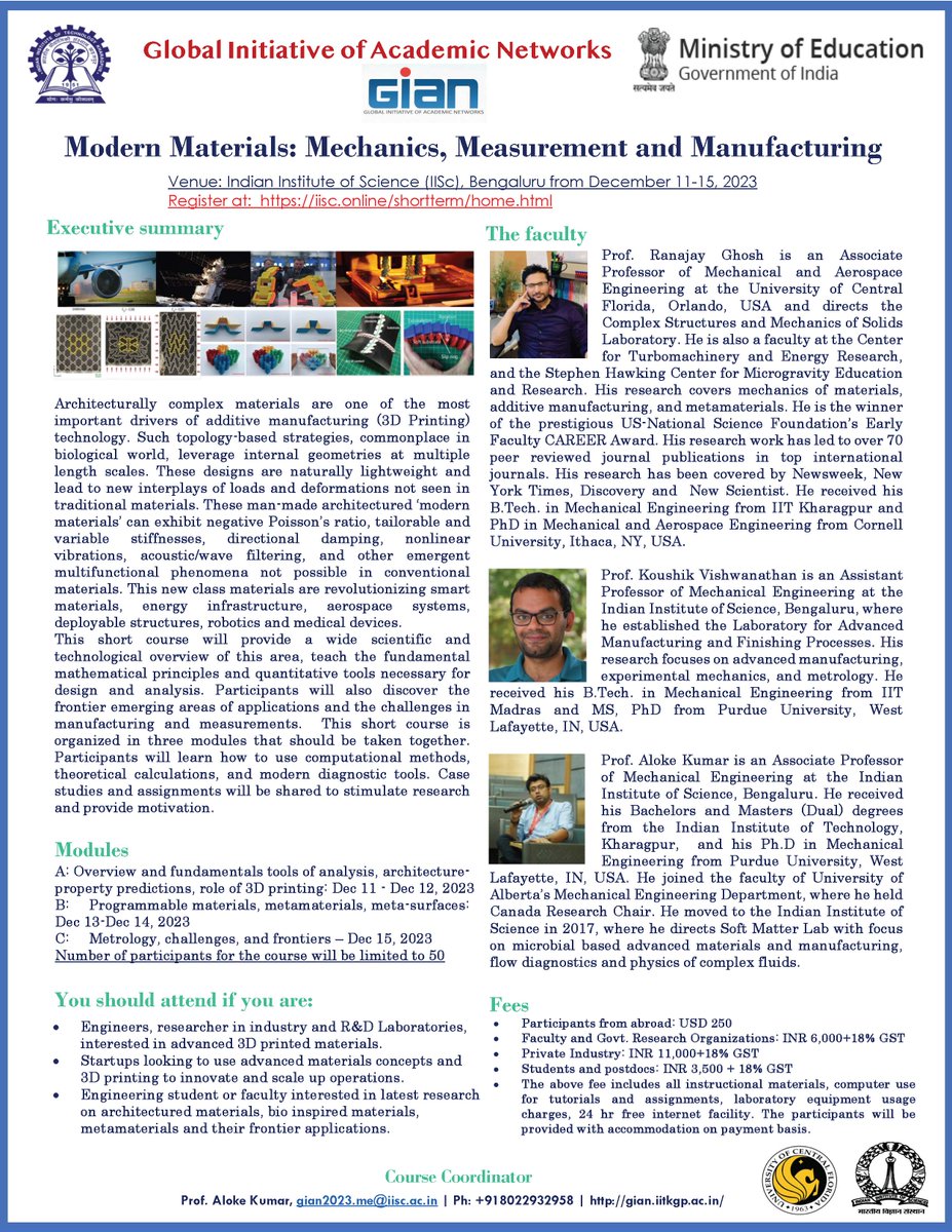 Looking forward to traveling to India and meeting up with <a href="/aalokelab/">Aloke Kumar</a> Cheers to unending chai pe charcha that will follow. But this time thanks to GoI's GIAN initiative, will get an opportunity to also teach together a short course on modern materials. Registration still open
