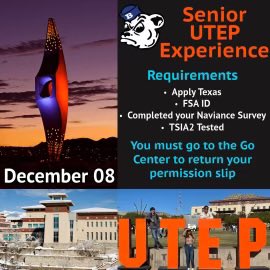 celestecjacquez's tweet photo. Bowie Seniors! Come pick up your permission slips to our UTEP field trip happening next Friday! @rgandarilla99 @corina_favela @martypoza @BowieAthletics1 @ETS_UTEP https://t.co/WYuJC1fw7W