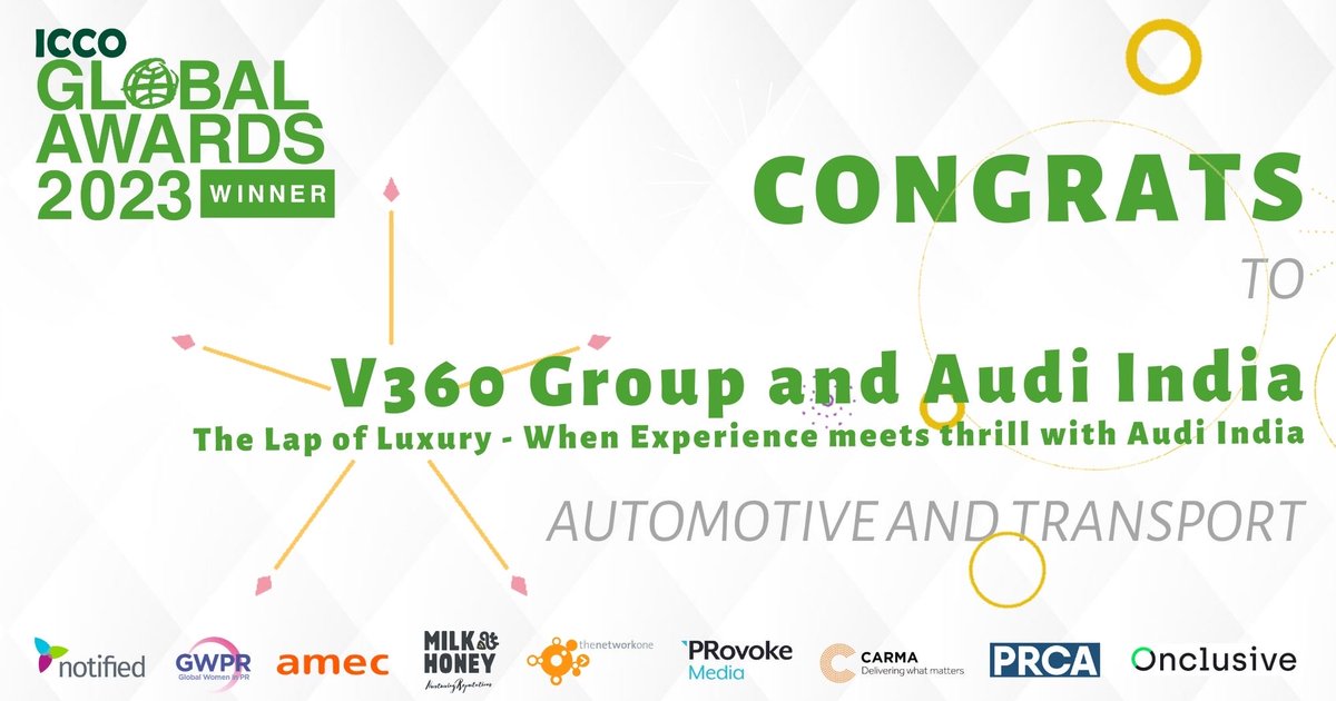 🌟🏆 The spotlight shines on <a href="/value_360/">V360 Group</a> and <a href="/AudiIN/">Audi India</a>, winners of the Automotive and Transport category, with their outstanding campaign "The Lap of Luxury - When Experience meets thrill with Audi India." Congratulations 🎉#ICCOGlobalAwards