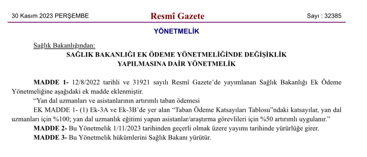 Az önce resmi gazetede yayınlanan yönetmelik değişikliğine göre; -Yandal uzmanlarının taban ek ödemeleri %100 arttırıldı. -Yandal asistanlığı yapan hekimlerde %50 oranında bir artış söz konusu. Yetmez ama evet.