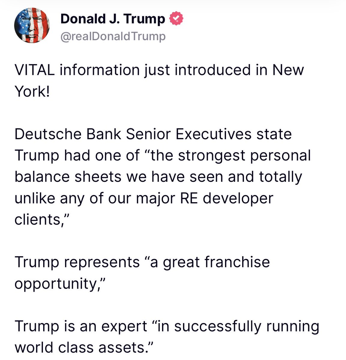 realLizUSA's tweet image. Deutsche Bank Senior Executives state Trump had one of “the strongest personal balance sheets we have seen and totally unlike any of our major RE developer clients”

Trump represents “a great franchise opportunity”

Trump is an expert “in successfully running world class assets.”