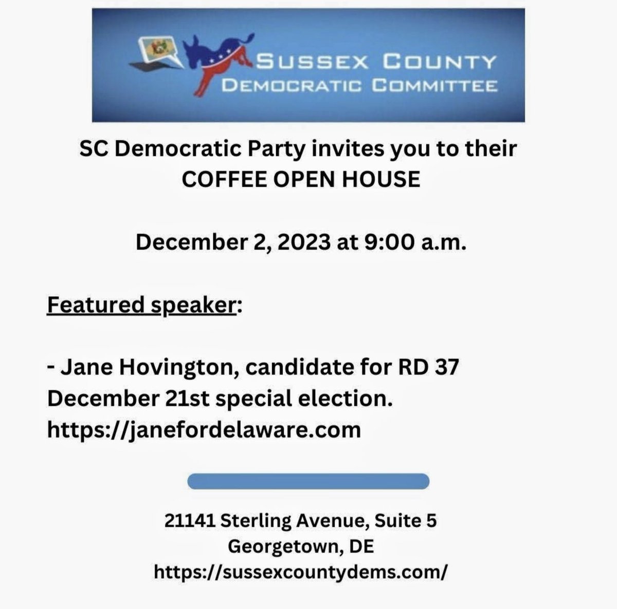 This Saturday morning. Jane Hovington candidate for RD 37 Special Election December 21
#netde @CapeGazette  @DelSussex @delawareonline @CityofRehoboth #georgetownde @sussexde_govt