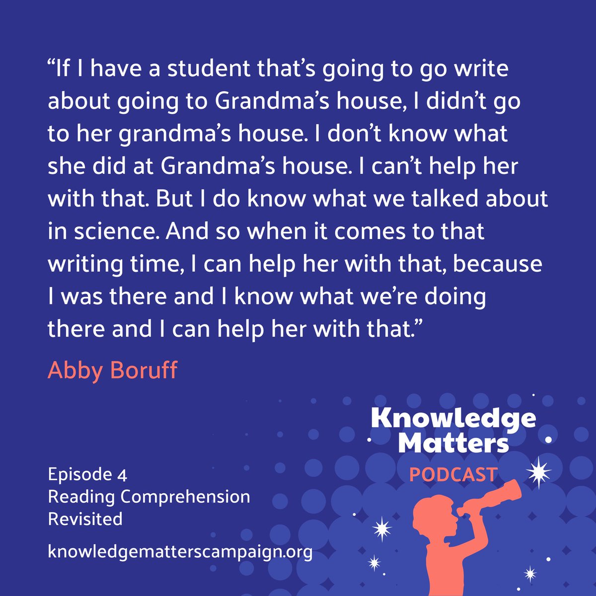 How does content literacy writing instruction look? How does it work?  Often, writing time is a big change for teachers implementing knowledge-building curricula.

The #KnowledgeMatters podcast speaks w/ educators about these instructional shifts!

Link🔗 knowledgematterscampaign.org/podcast/