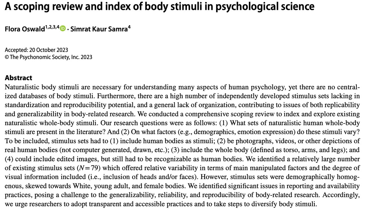 If you've ever struggled to find the right body stimuli for your work, hoo boy have we got the paper for you. We reviewed and indexed every naturalistic body stimulus set we could find! out now in Behavior Research Methods w/ @simrat_samra (1/5)