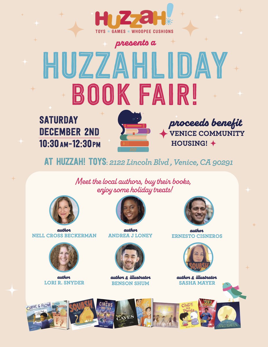 👉This Saturday! I'll be signing 📚books 📚with @AndreaJLoney @sashamayerdraws @bshum79 @LoriRSnyder @Author_Cisneros at @HUZZAHToys in Venice. Free treats and fun toy pairings (🎁gift wrapped!🎁) Book sale proceeds benefit @VCHC 😃 Hope to see you there!