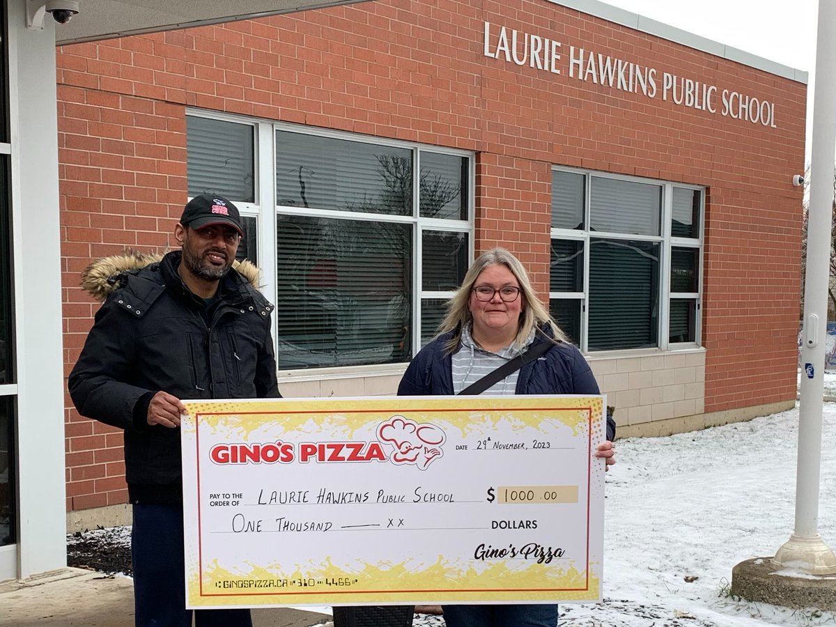 Gino’s Ingersoll proudly presented Laurie Hawkins Public School with a $1000 cheque, all thanks to our successful Raise Some Dough Fundraiser 
Kudos to Amber M and Don W for spearheading this impactful initiative. Together, we're making a positive difference in our community!