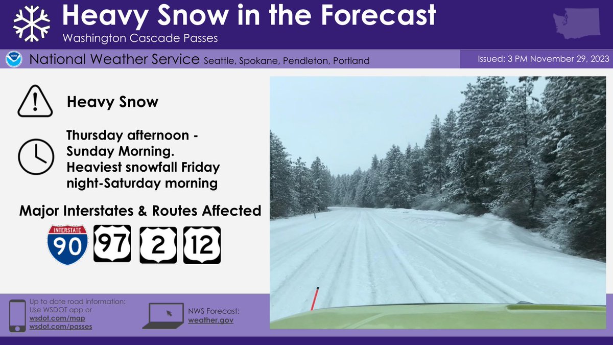 NWSSeattle's tweet image. The weather will be changing across the Pacific NW starting THU. One concern we have is heavy snow across the Cascades from THU afternoon - SUN morning which could affect major interstates &amp;amp; routes across the mountains. Stay up to date on forecasts &amp;amp; road conditions! #wawx