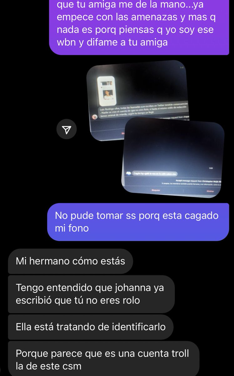 Rod_2517's tweet photo. Solo para finalizar, acá una prueba más que ese tal “Rolo” no soy yo…hace un tiempo se metió con la amiga de un amigo mío(la señorita Johana Cabrera) y también me atacaron por eso, al final ella misma supo que ese tipo es otra persona o una cuenta troll. https://t.co/FVUvAbyNhN