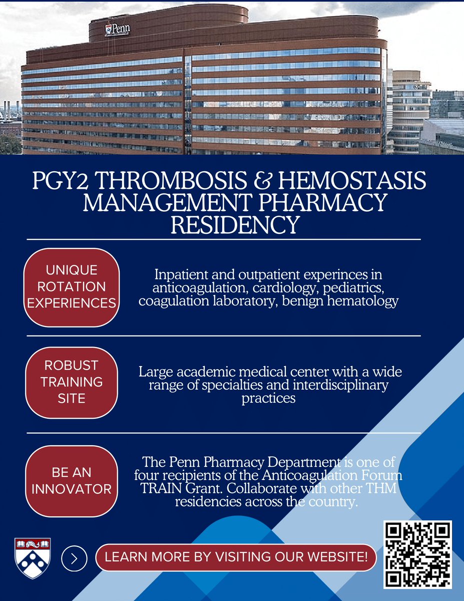 We're starting a brand new PGY2 residency in Thrombosis &amp; Hemostasis Management! Join us at HUP to train at a robust academic center with opportunities to experience a variety of rotations inpatient and outpatient. 

Visit our website for more information: buff.ly/411i0OE