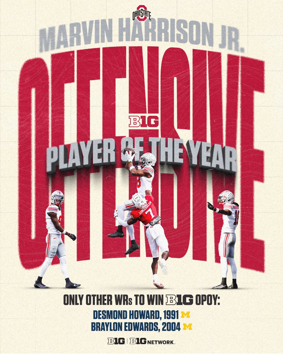〽️ Desmond Howard, 1991
〽️ Braylon Edwards, 2004
🌰 Marvin Harrison Jr., 2023

The Ohio State star is just the third WR to win B1G OPOY.