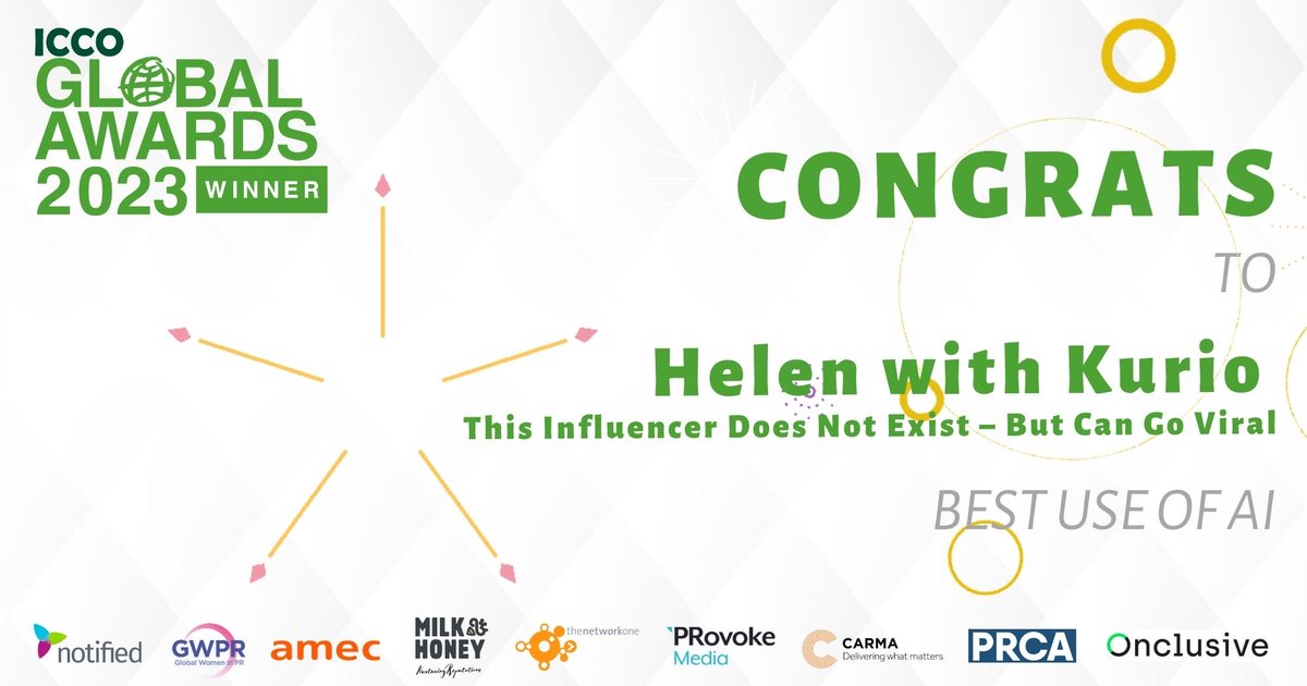 ICCOpr's tweet photo. Helen @EnergiaHelen with Kurio @Kurio_Marketing triumphs again! 🏆🌟 They secure the Best Use of AI award for their groundbreaking campaign, "This Influencer Does Not Exist – But Can Go Viral," at #ICCOGlobalAwards.  Congratulations! 👏🍾 https://t.co/DjjBXBCZOj